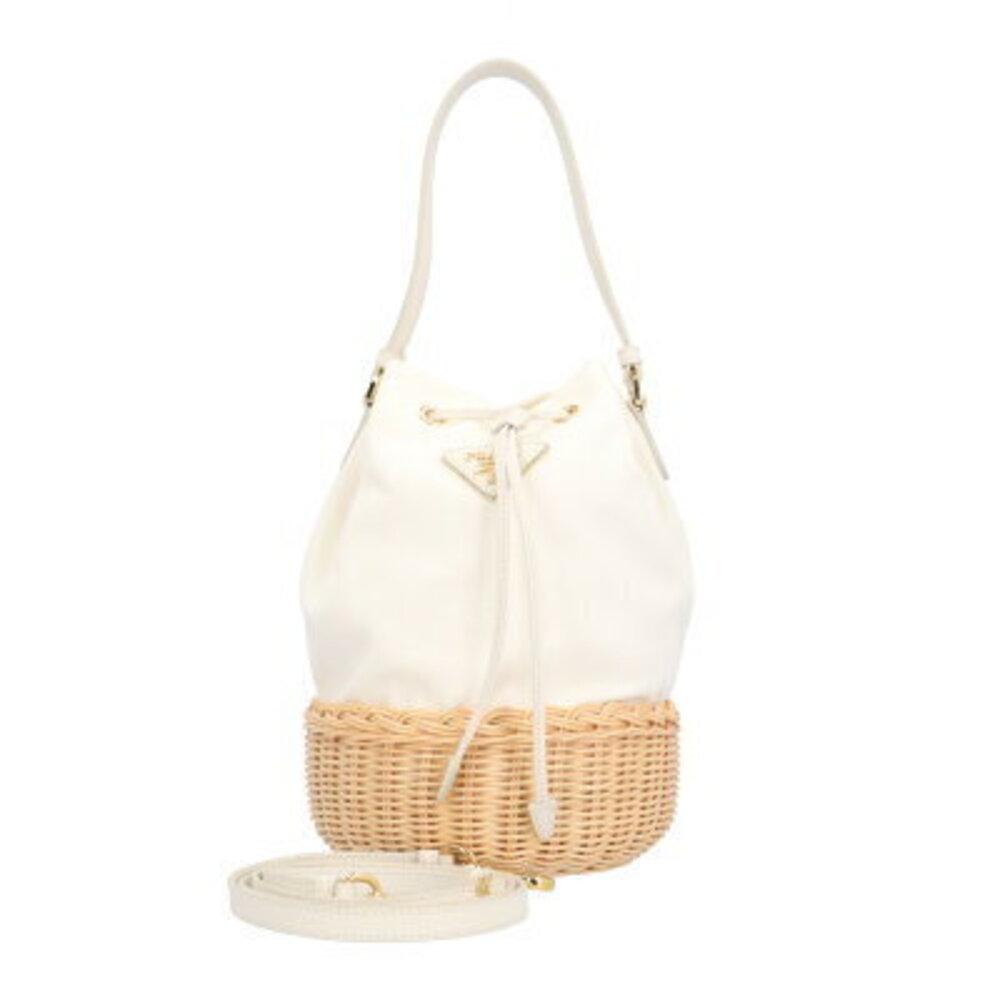 Prada Shoulder Bag Straw Tan White